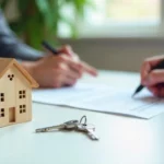 Documents de transaction immobilière avec mains signant des papiers, clés et maison miniature en bois posées sur la table. Une personne pointe du doigt, l'autre signe.