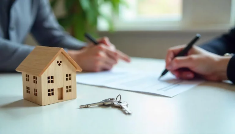 Documents de transaction immobilière avec mains signant des papiers, clés et maison miniature en bois posées sur la table. Une personne pointe du doigt, l'autre signe.