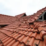 Vue grand angle d'un toit en tuiles rouges endommagé, charpente visible, tuiles cassées et éparpillées, ciel gris.