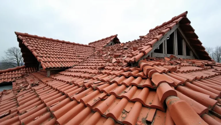 Vue grand angle d'un toit en tuiles rouges endommagé, charpente visible, tuiles cassées et éparpillées, ciel gris.