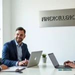 Cette image montre trois hommes en réunion dans un bureau moderne, discutant autour de laptops, avec le logo "FINEXCELLENCE" en arrière-plan, reflétant un environnement professionnel et collaboratif.
