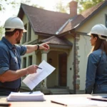 Un professionnel du bâtiment discute avec la propriétaire d'une maison à rénover. Il tient des plans et explique les travaux nécessaires, tandis qu'elle écoute attentivement, casque blanc sur la tête.