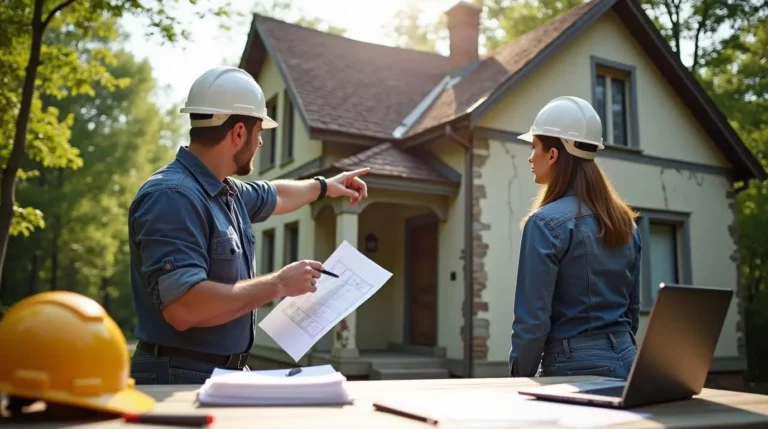 Un professionnel du bâtiment discute avec la propriétaire d'une maison à rénover. Il tient des plans et explique les travaux nécessaires, tandis qu'elle écoute attentivement, casque blanc sur la tête.