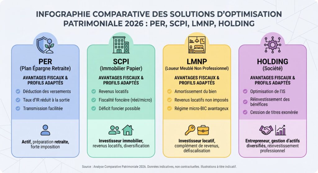 Infographie comparative : Optimiser votre patrimoine en 2026 avec les solutions PER, SCPI, LMNP réel et Holding (Finexcellence)