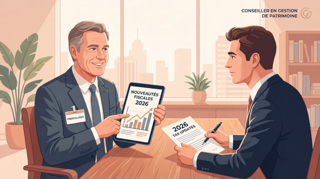Illustration pour optimiser votre patrimoine en 2026 : un conseiller Finexcellence présente les nouveautés fiscales à un client averti