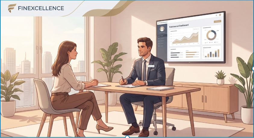 Illustration d'une femme en rendez-vous avec un conseiller financier Finexcellence devant un écran affichant un tableau de bord patrimonial.
