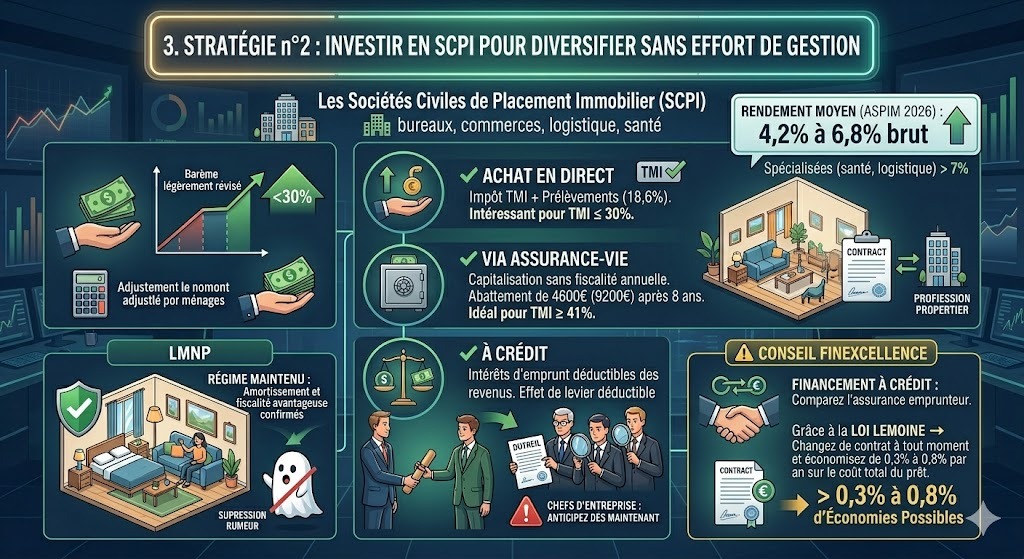 Infographie explicative sur la stratégie d'investissement en SCPI pour optimiser son patrimoine en 2026, détaillant les rendements ASPIM, les trois modes de détention et le conseil de Finexcellence sur la loi Lemoine.