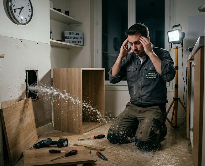 Image illustrant un artisan multiservice auto-entrepreneur paniqué face à un dégât des eaux après avoir percé une canalisation pendant le montage d'un meuble client