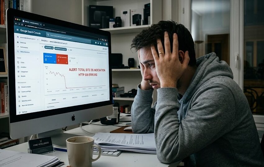 Image illustrant un consultant SEO auto-entrepreneur en détresse face à un sinistre professionnel de désindexation de site client