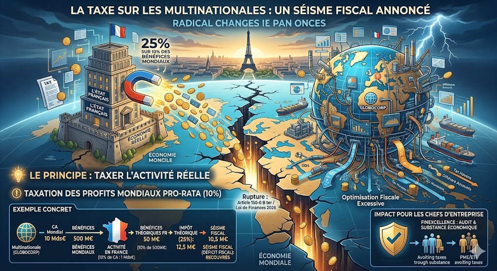 Infographie comparant l’État français captant des taxes sur une multinationale face à une économie mondiale fracturée