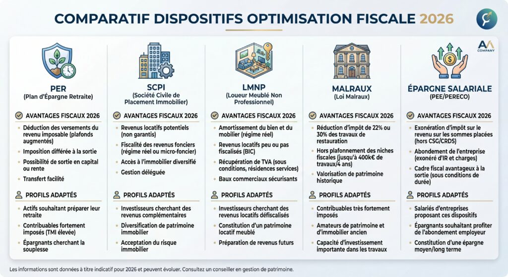 Infographie comparative des dispositifs d'optimisation fiscale en 2026 présentant les avantages et profils adaptés pour le PER, la SCPI, le LMNP, la Loi Malraux et l'Épargne Salariale.