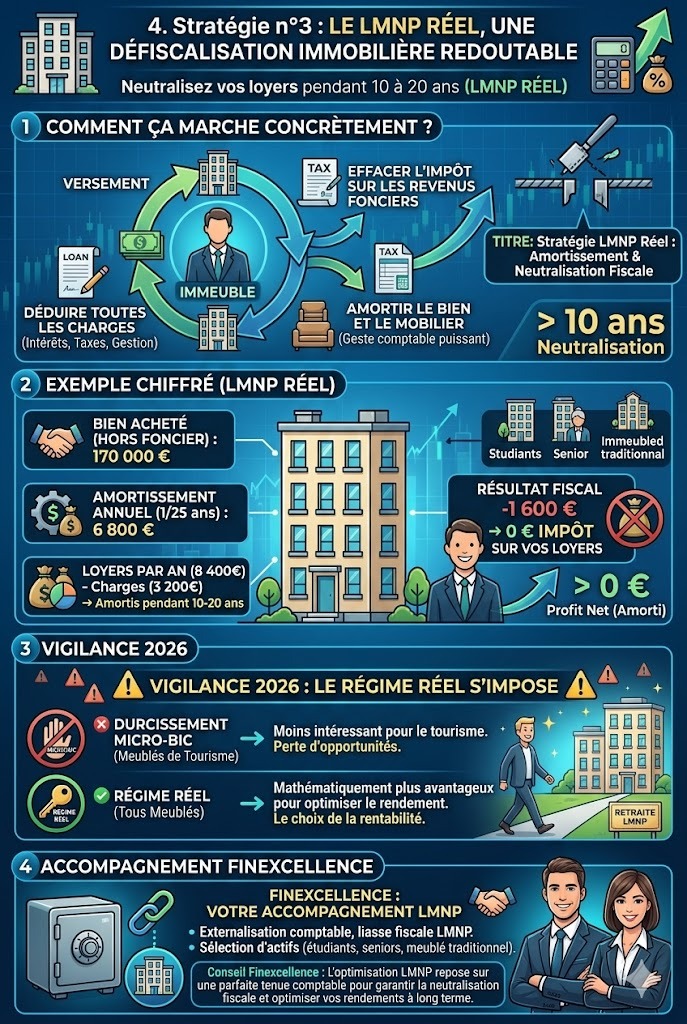 Infographie didactique sur le statut LMNP réel pour optimiser son patrimoine en 2026, montrant le calcul d'amortissement comptable, la vigilance sur le micro-BIC et l'accompagnement de Finexcellence.