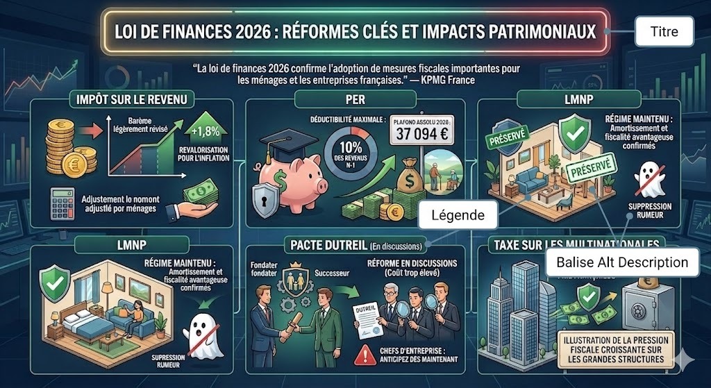 Infographie explicitative de la loi de finances 2026 détaillant les réformes clés pour optimiser son patrimoine en 2026 : IR, PER, LMNP, Pacte Dutreil.