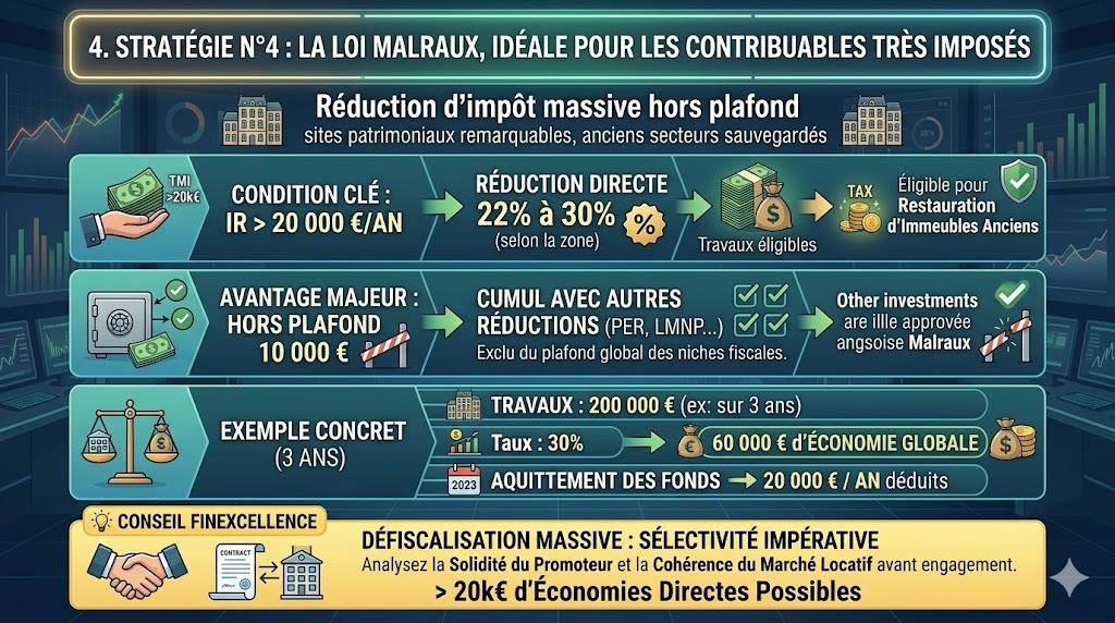 Infographie explicative sur la loi Malraux pour optimiser son patrimoine en 2026, illustrant l'exclusion du plafond des niches fiscales et un exemple de réduction d'impôt de 60 000 €.