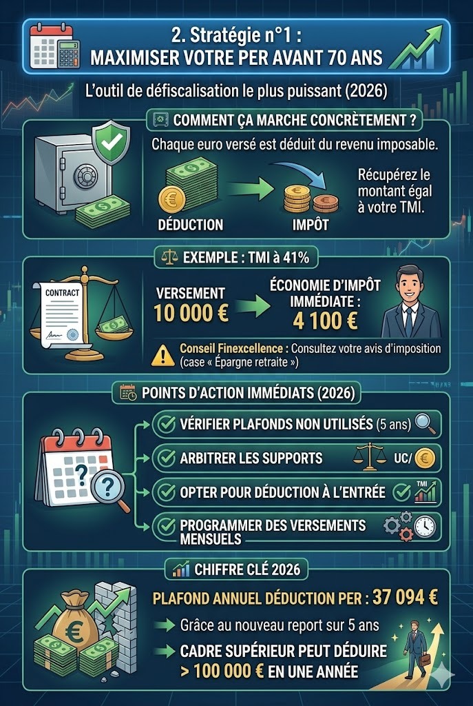 Infographie verticale explicitant la stratégie pour optimiser son patrimoine en 2026 via le PER individuel, avec un exemple de réduction d'impôt pour une TMI à 41 % et le plafond de déduction annuel.