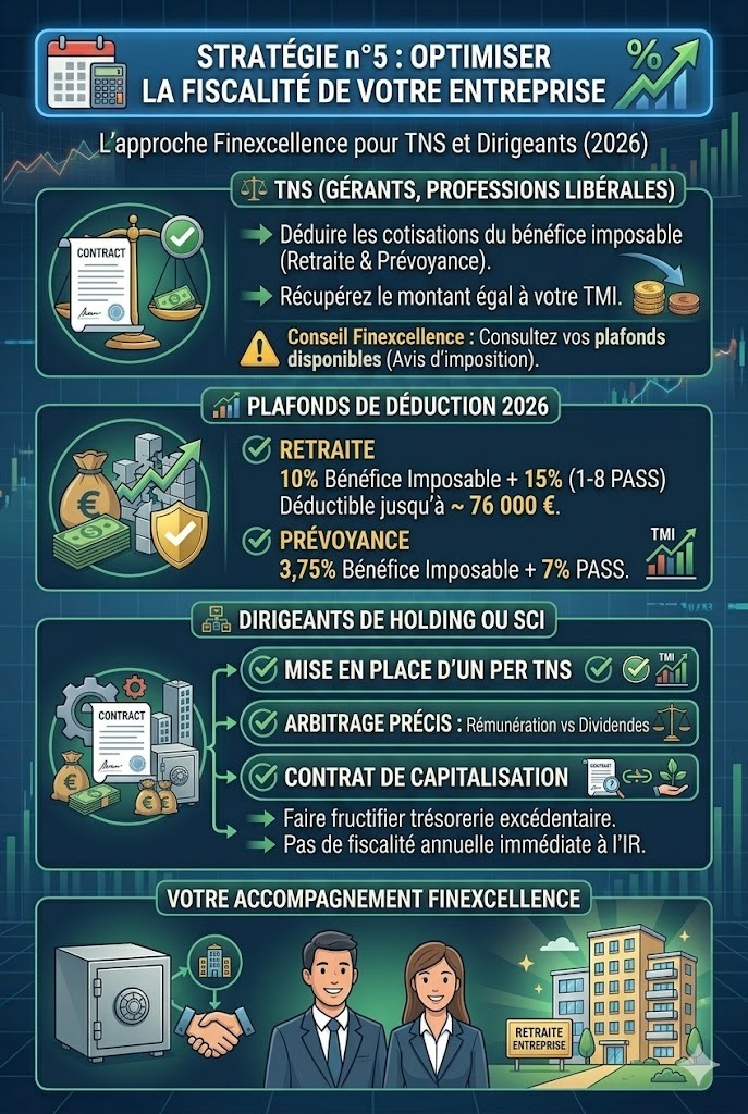 Infographie sur les leviers pour optimiser son patrimoine en 2026 via la fiscalité d'entreprise, détaillant les plafonds Madelin pour TNS, le PER de direction et la capitalisation en holding.
